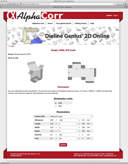 Preview the 2D design and modify the template’s default parameters of the box or standalone display.