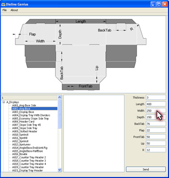 Modify the default parameters, such as length, width, depth and material thickness, for the packaging or point-of-purchase display design.