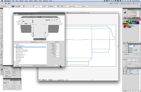 The design is inserted into Illustrator with panels properly sized per the parameters, with ceases, through cuts and folding angles calculated.